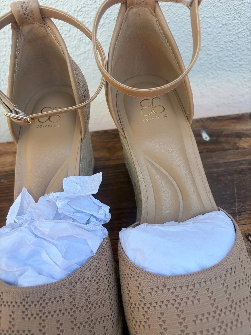 NWT and Box Womens Tan Espadrille Wedge Sandals with Ankle Strap